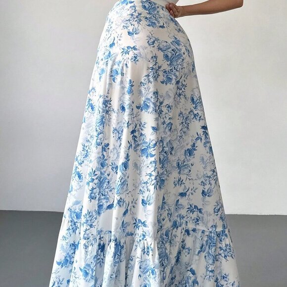Blue & White Boho Women's Floral High Waist Maxi Skirt - Picture 3 of 8